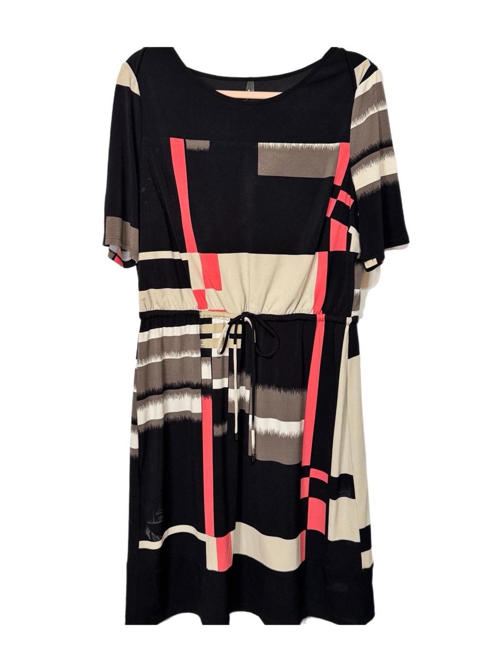 Andrew Marc Black Midi Dress with Coral and Cream Geometric Print